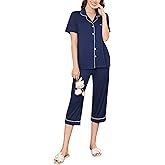 Ekouaer Capri Pajamas for Women Short Sleeve Button Down Sleepwear Comfy Lounge Set 2-Piece Pants Pjs