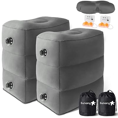 Sunany Inflatable Foot Rest Pillow for Airplane - Kids/Adults - Adjustable Height Cushions, to Sleep While Traveling,Suitable for Office,Home and Any Travel(Dark Grey,2 Pack)
