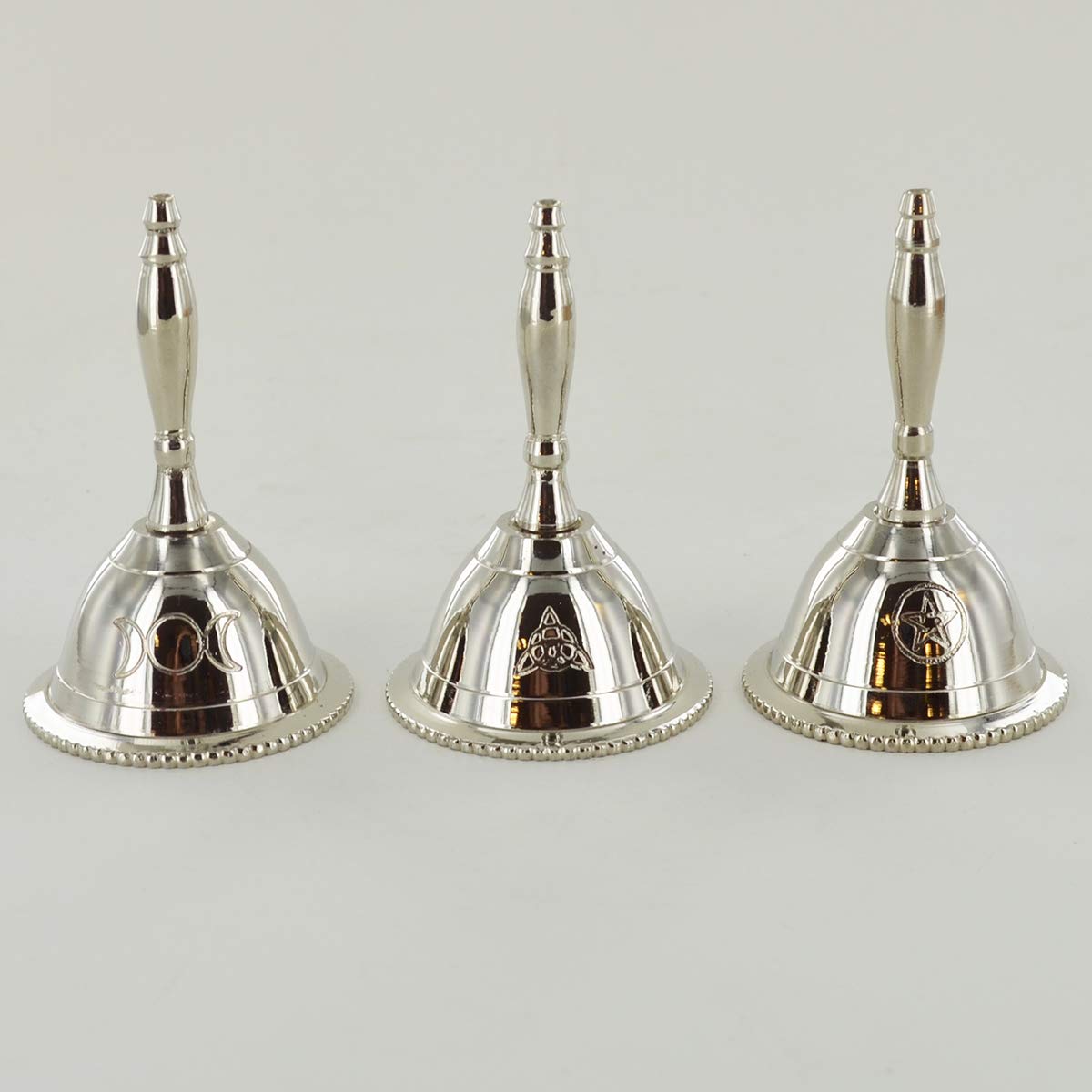 Three Silver Bells with Magic Symbols Pentagram Triquetra Triple Moon for Neopaganism Wicca Gifts
