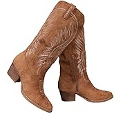 Fomoti Women's Western Cowboy Boots - Embroidered Ankle Booties with Chunky Block Heel, Side Zipper Suede Cowgirl Boots for Country Concert