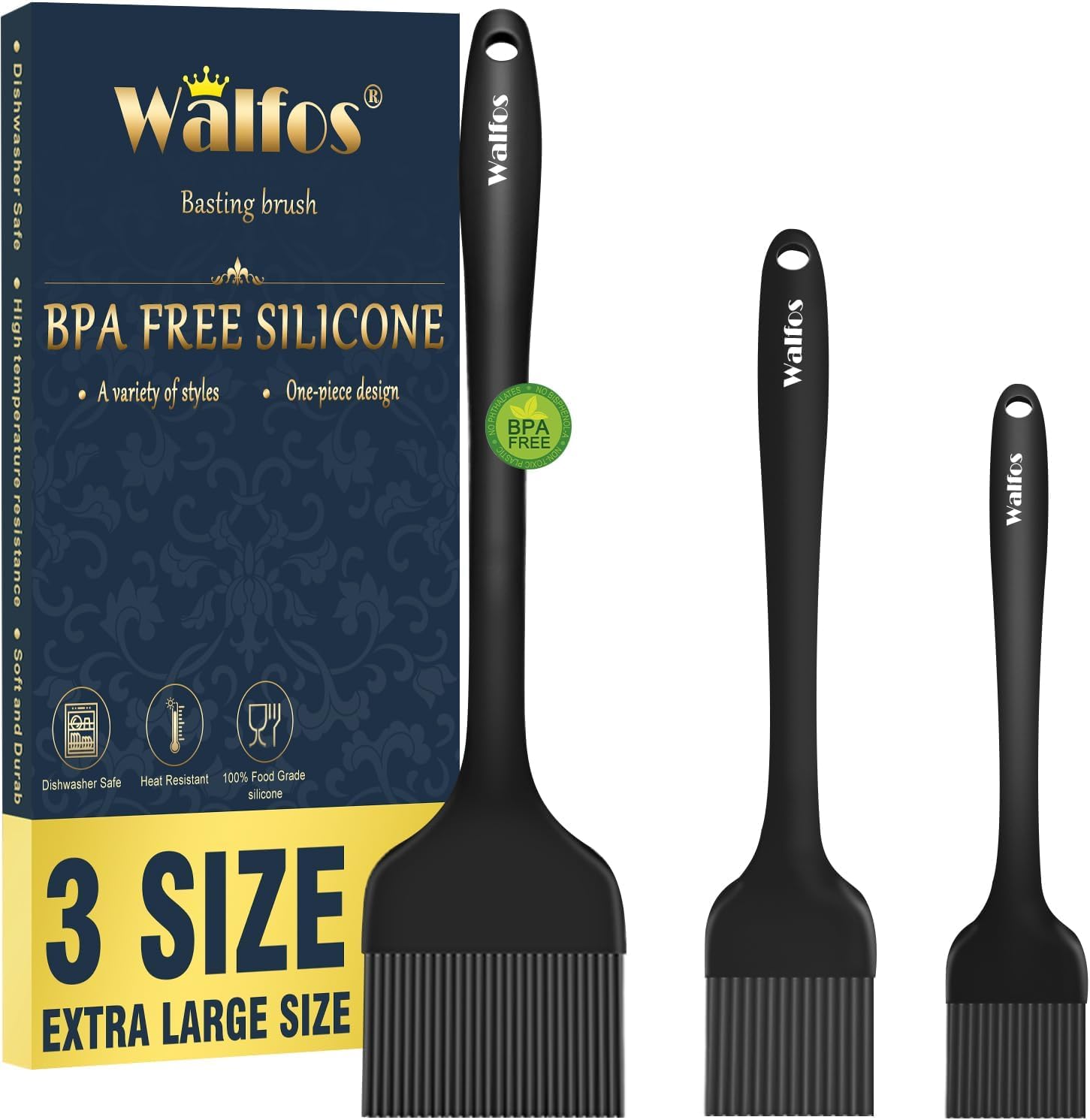 Walfos Silicone Basting Pastry Brush,600°F Heat Resistant Pastry Brush Set, Prefect for BBQ Grill Baking Kitchen Cooking, Strong Steel Core and One-Pieces Design, BPA Free and Dishwasher Safe (3 Pcs)