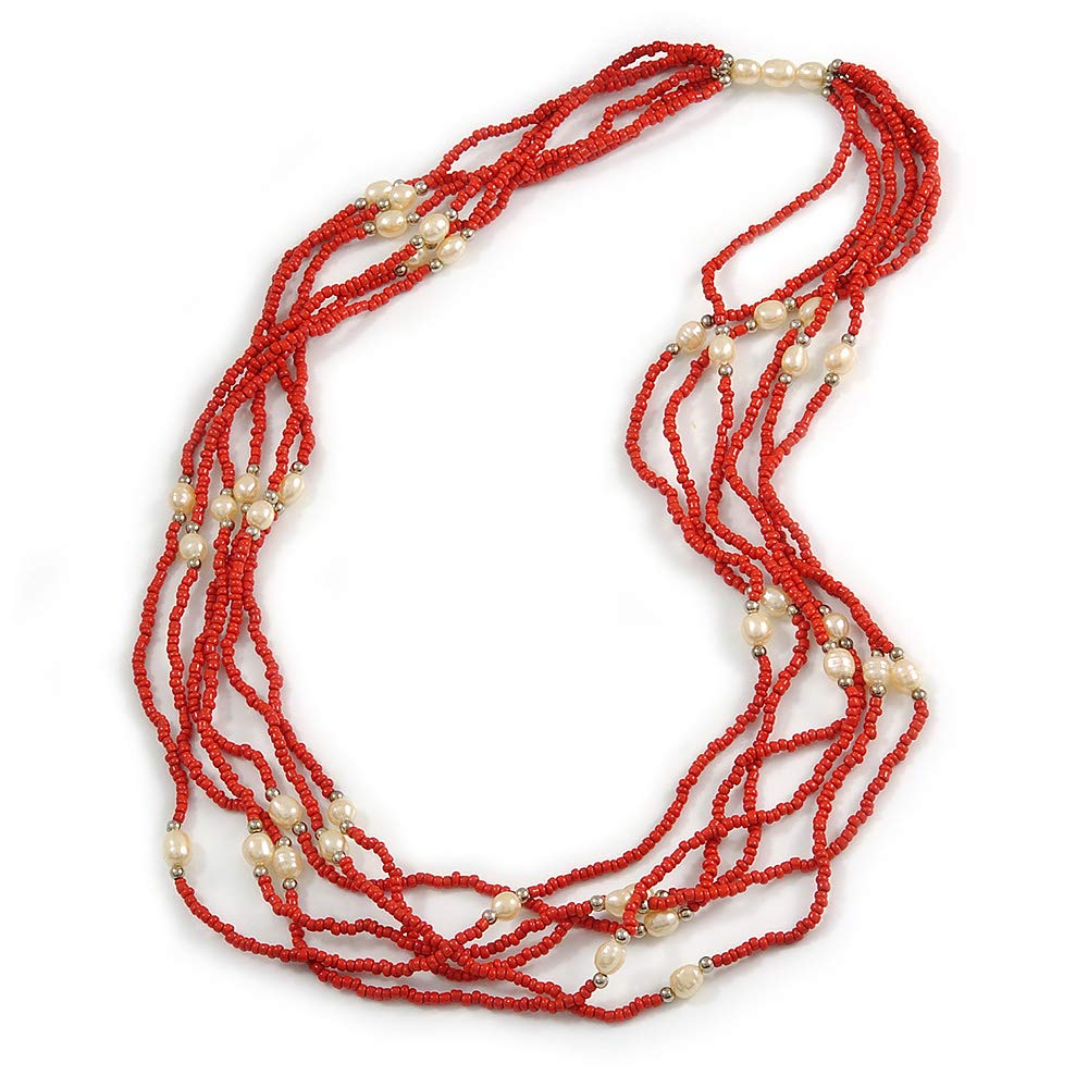 Avalaya Long Multistrand Red Glass Bead Faux Cream Pearl Necklace/ 70cm L