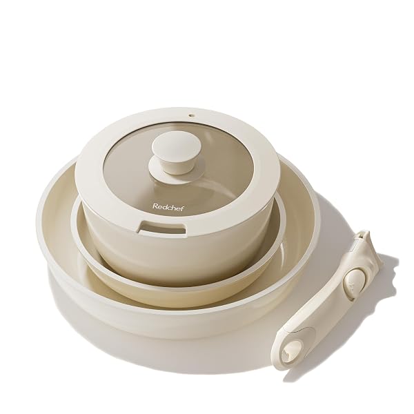 REDCHEF TRULY NON TOXIC POTS AND PANS SET NON STICK, UPGRADED CERAMIC PAN AND POT SET, PFAS PTFE PFOA PFOS FREE, KITCHEN COOKWARE SET WITH DETACHABLE HANDLE, RV CAMPING WITH FRYING PANS SET