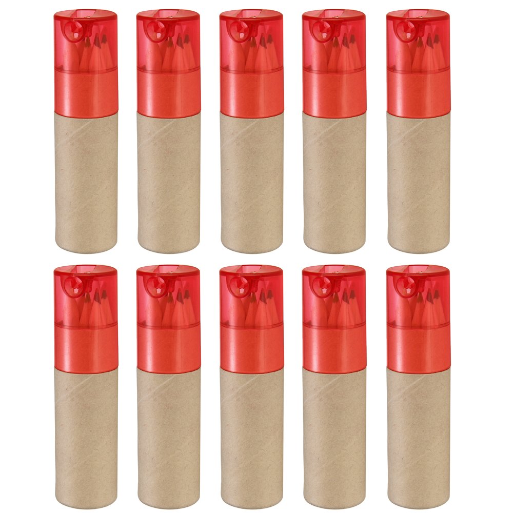 eBuyGB Pack of 10 Colouring Pencil Tubes for Wedding Favours and Party Bag Fillers, Red Lid