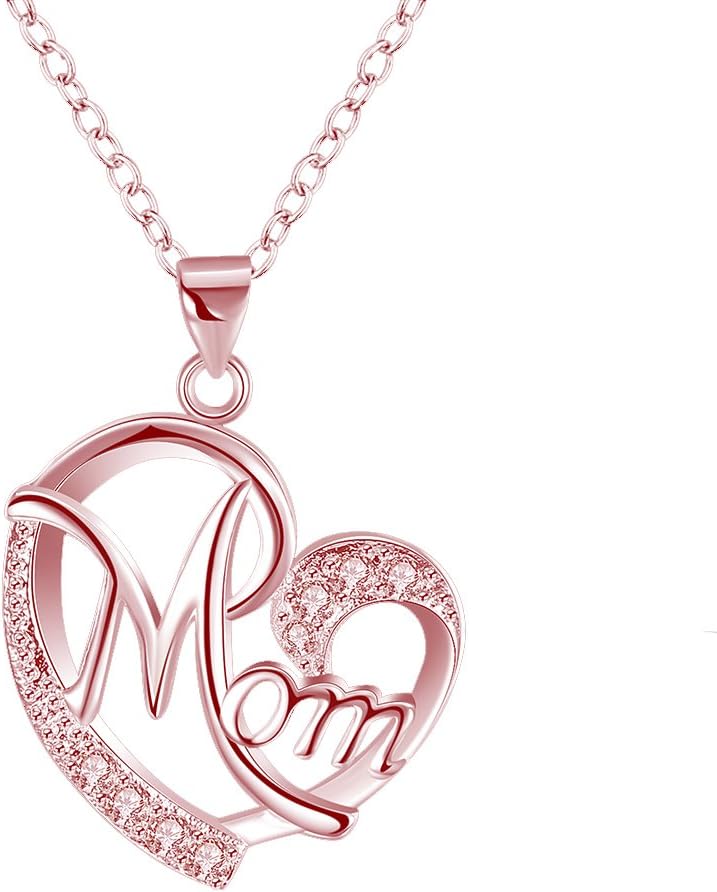 WMAO Unique Silver or Rose Gold Color Mother's Day MOM Heart-Shaped Neclace Pendant,White Small Cz Pendant Necklace for Mother Best Gift (Rose Gold)