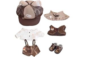 niannyyhouse 10cm 15cm 20cm Doll Clothes Brown Hat Shirt Strap Pants Shawl Vest Leather Shoes Vintage Detective Suit Soft Plush Toy Dress Up (15cm)