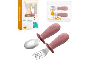 Qkie Toddler Utensils, Toddler Forks and Spoons, Baby Spoons Self Feeding, Stainless Steel Baby Silverware with BPA Free Silicone Easy Grip, 8 Months+