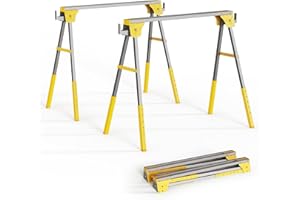 ZYLOQUEX Adjustable Height Sawhorse 2 Pack, Folding Portable Saw Horses with 30-34 inch Adjustable Legs, Heavy Duty Steel Pro Bench Saw Horse for Woodworking, Carpenters, Contractors, Fully Assembled (yellow)