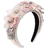 Florate Luxury Flower Simulated Pearl Headband for Women Chunky Crystal Bead Stone Banquet Hairband Decorative Jeweled Hair Band Accessories (HDDY1084-pink)