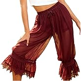 Women Long Bloomer Pants Lace Trim Patchwork Drawstring Elastic Waist Victorian Pajama Pants Lounge Pettipants