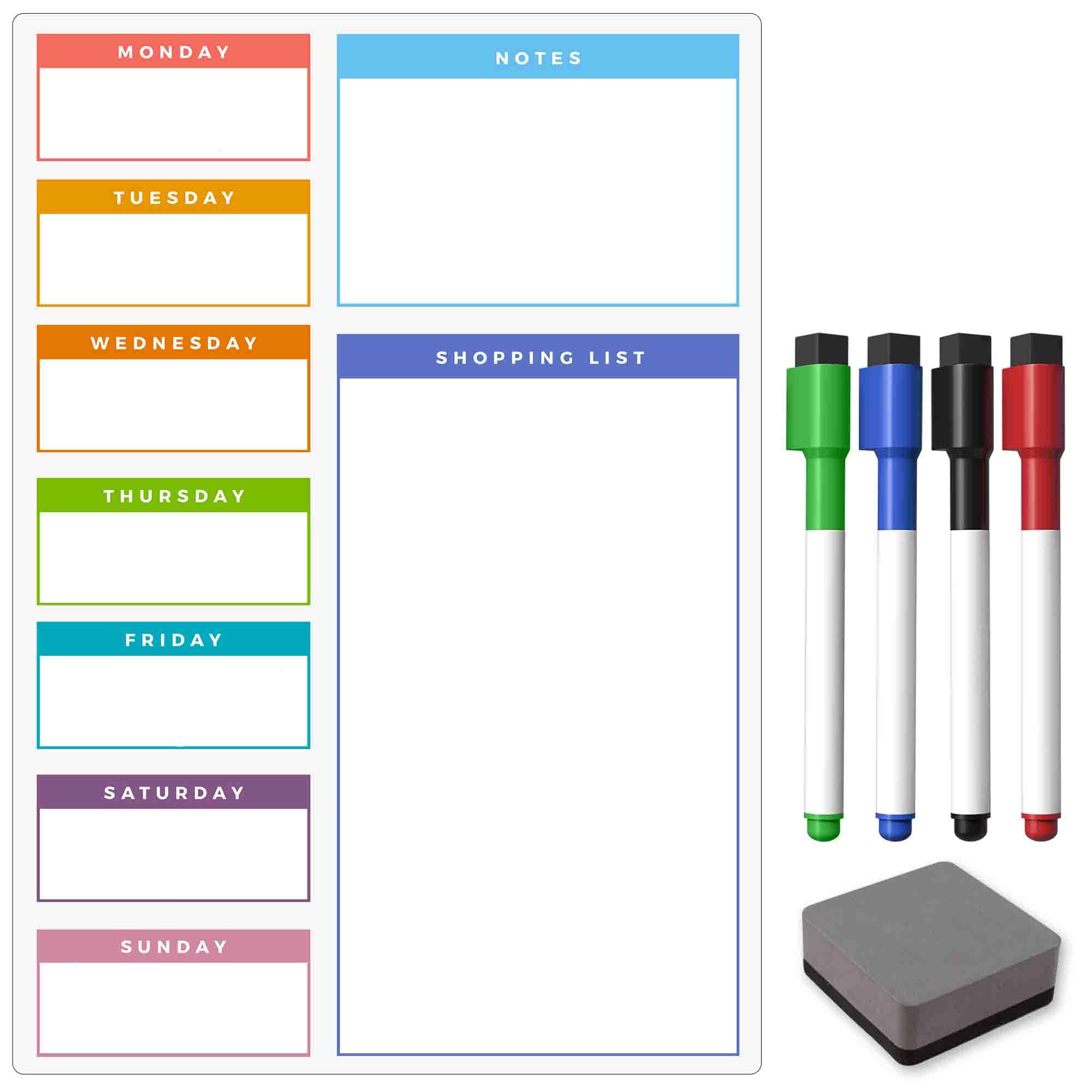 TMS A3 / A4 Multi-Coloured Magnetic Weekly Planner/Memo Board/Calendar – Whiteboard, Shopping List and Meal Planner - with 4 Magnetic Dry Wipe Pens and Eraser (Colour Weekly, A3)