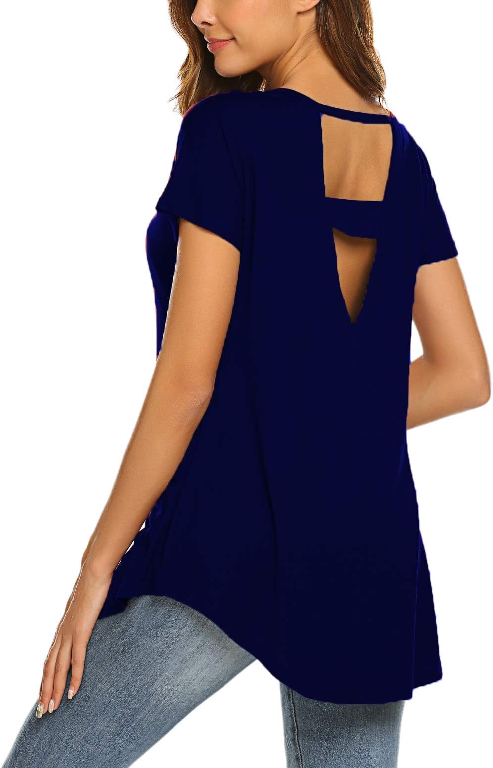 SimpleFun Womens Casual V Cut Out Back Short Sleeve Tee Shirts Soft Active Tops