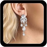 TseanYi Silver CZ Teardrop Drop Earrings Vintage Sparkly Crystal Tassel Earrings Silver Waterdrop Dangle Earring Wedding Chandelier Rhinestone Studs Earring Jewelry for Women