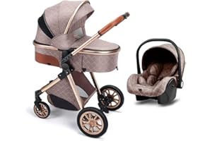 Wisesonle Baby Stroller, Luxury Carriage with Large Basket, Gold Aluminum Frame, Anti-Shock Wheels (A-Brown)