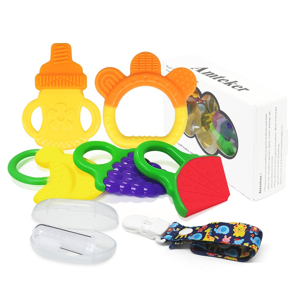 Amteker Massaggiagengive Refrigerante di Frutta, Bambini Dentizione Giocattolo, Baby Spazzolino da denti e Clip per Ciuccio da 3 a 12 Mesi Baby, Infant, Newborn