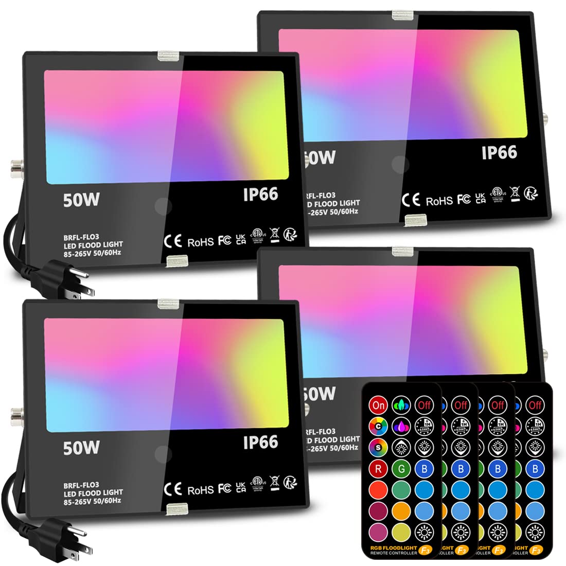 Photo 1 of Led Flood Light Outdoor, 50W RGB Color Changing Landscape Lighting with Remote, Timing - 12 Colors - 4 Modes, IP66 Waterproof, US 3-Plug, MELPO (Pack of 4)