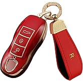 SANRILY Soft TPU Golden-edge Key Cover for Porsche 911 Cayenne Panamera Macan Keyless Full Protection Key Case Shell with Leather Keychain Red