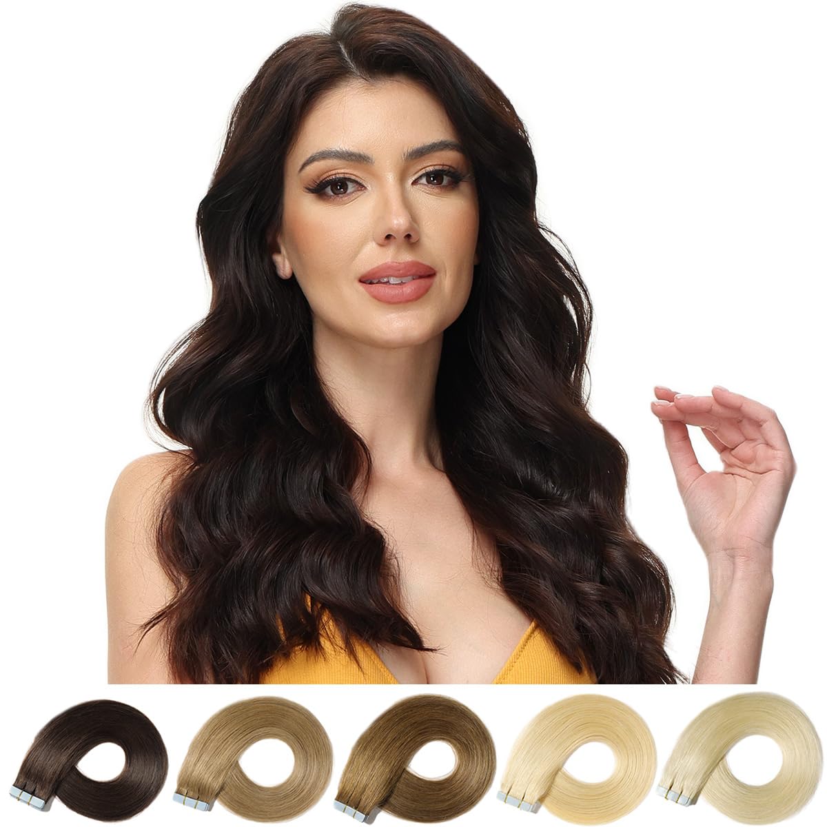 Photo 1 of ROSEBUD Tape in Hair Extensions REMY Human Hair, Secure Skin Weft Hair Extensions Seamless 50g/Pack 20Pcs 14 Inch Medium Brown & Dark Blonde Mixed