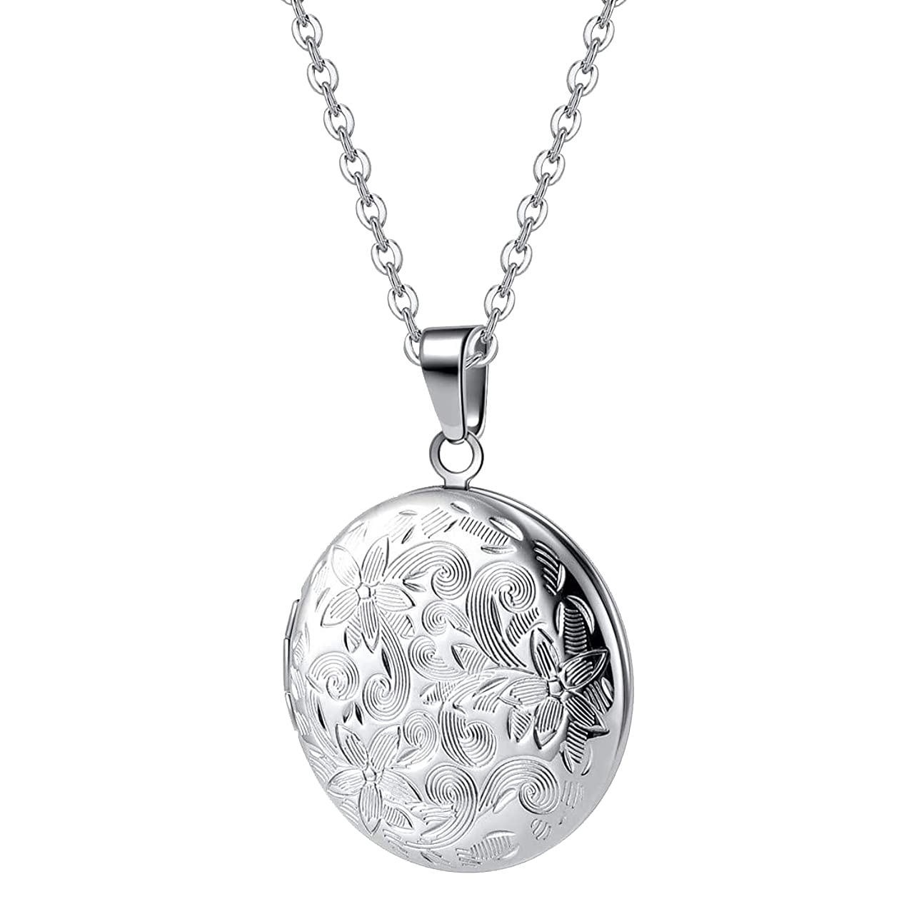 TOFBS Personalized Photo Image Locket Memory Pendant Round Flower Locket Necklace That Holds Picture Custom Necklace Gifts for Women Mom Girldfriend Wife (Silver)