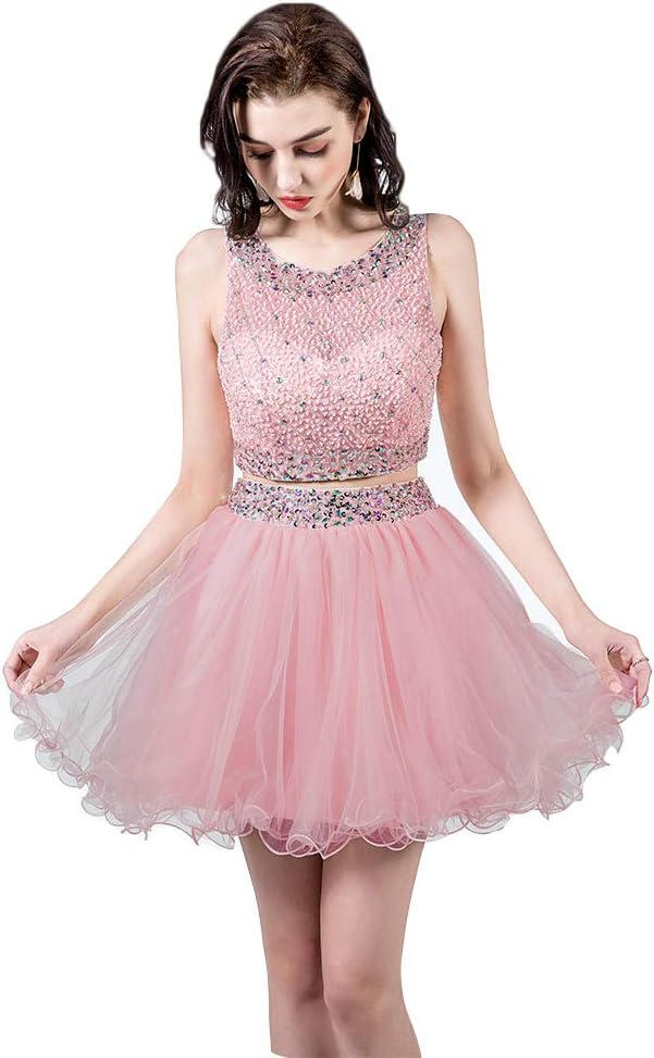 TANGFUTI Two Piece Homecoming Dresses Short Beaded Tulle Prom Gowns