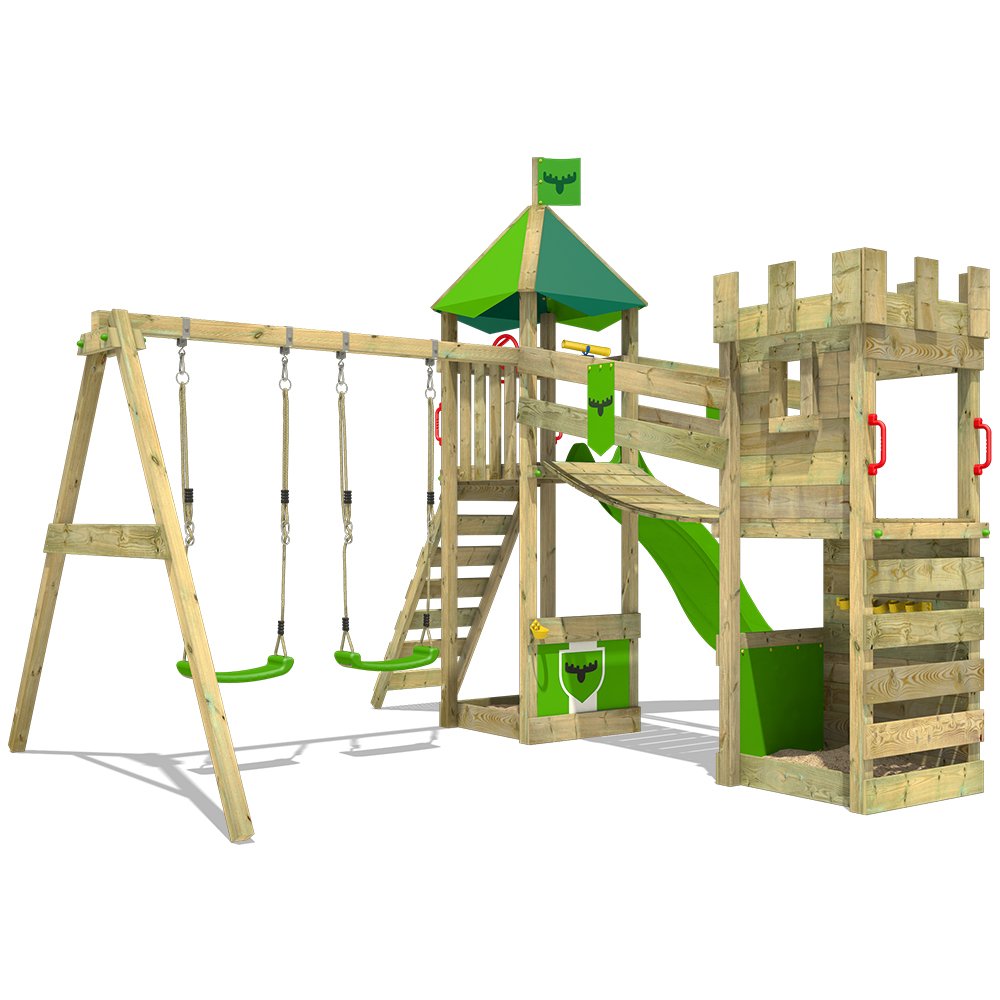 FATMOOSE Torre di arrampicata DazzyDuke Duo XXL Parco giochi FATMOOSE Torre di arrampicata DazzyDuke Duo XXL Parco giochi Castello dei cavalieri con altalena 2 posti scivolo sabbiera e ponte oscillante Amazon