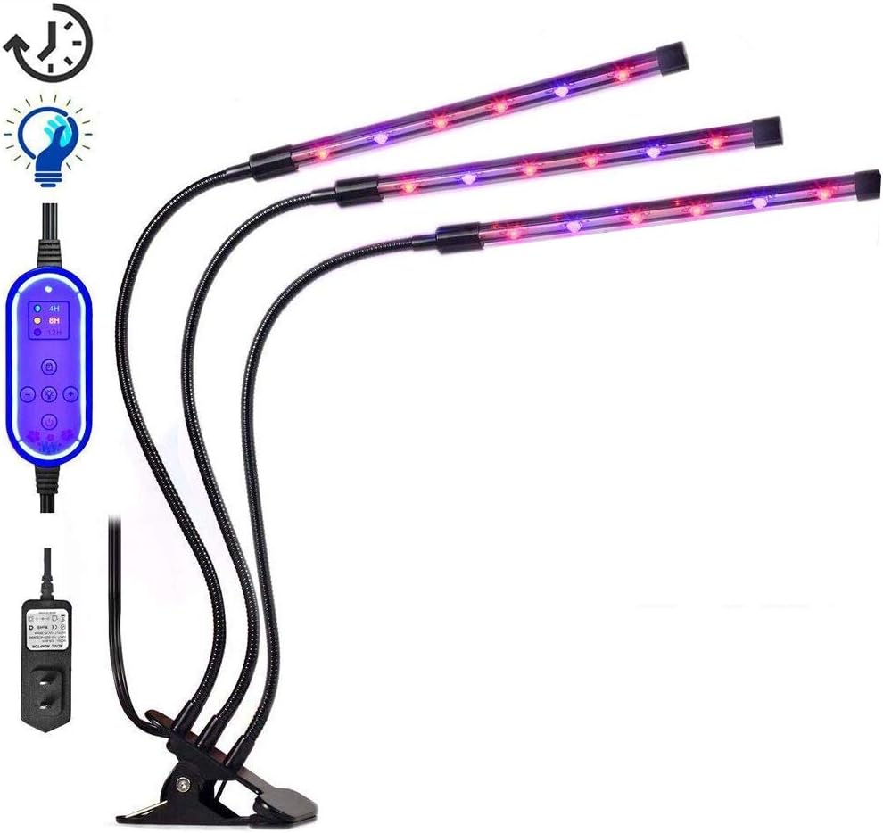 Upgraded 3 Head Plant Grow Light with Timer (4/8/12H) Auto Turn On/Off Every Day, LED Grow Lamp High-Brightness Bulb, Adjustable Gooseneck and 8 Dimmable Levels for Indoor Plants Greenhouse Office