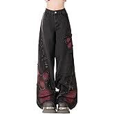 Y2K Baggy Ripped Jeans for Women – Wide Leg Butterfly Print & Star Patch Distressed Denim Pants High Waist Streetwear
