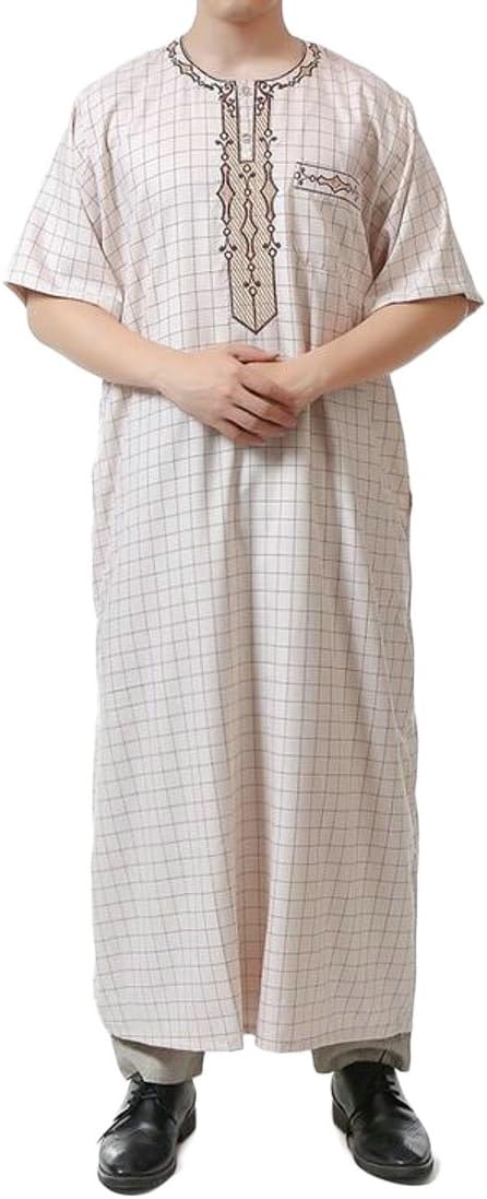 Men Short Sleeve Plaid Cotton Linen Saudi Arab Robe Thobe Islamic Muslim Wear