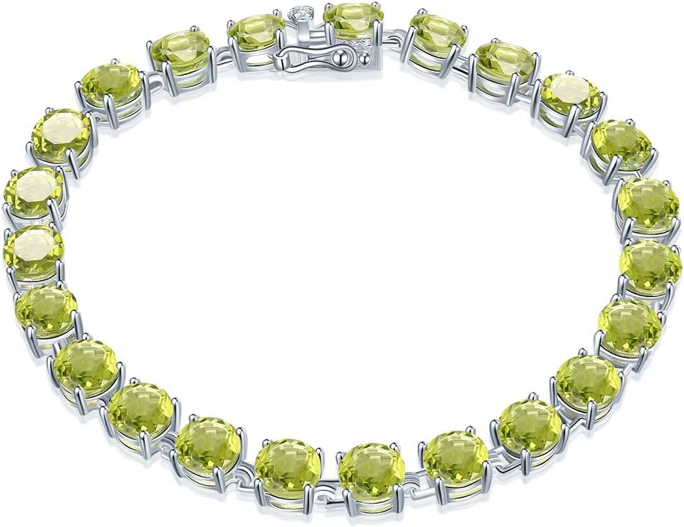 Hutang Jewelry 21.41Ct Natural Peridot Round Cut 6.0mm Solid 925 Sterling Silver Link Tennis Bracelet 7 1/4"