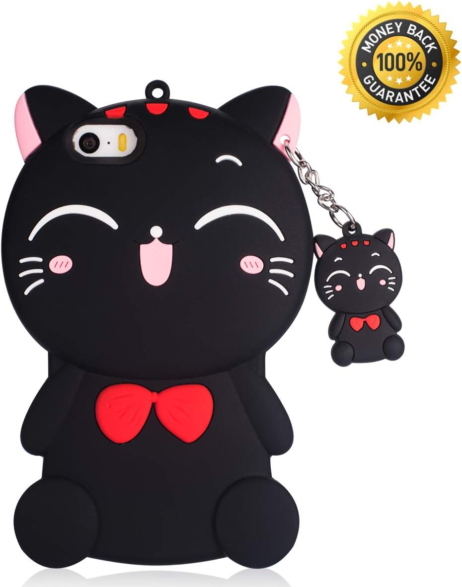 Case for iPhone SE / 5s / 5, 3D Cute Cartoon Silicone Black Cat Case for iPhone SE /5s/ 5, Drop Protection Case Cover for Girls Teens Kids or Women (Black Cat iPhone SE/5s/5)