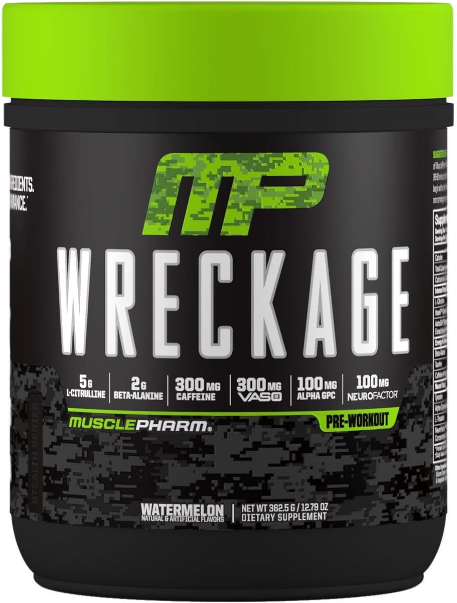 MusclePharm Wreckage Pre-Workout Powder, Superior Focus and Sustained Pump, Watermelon, 25 Servings