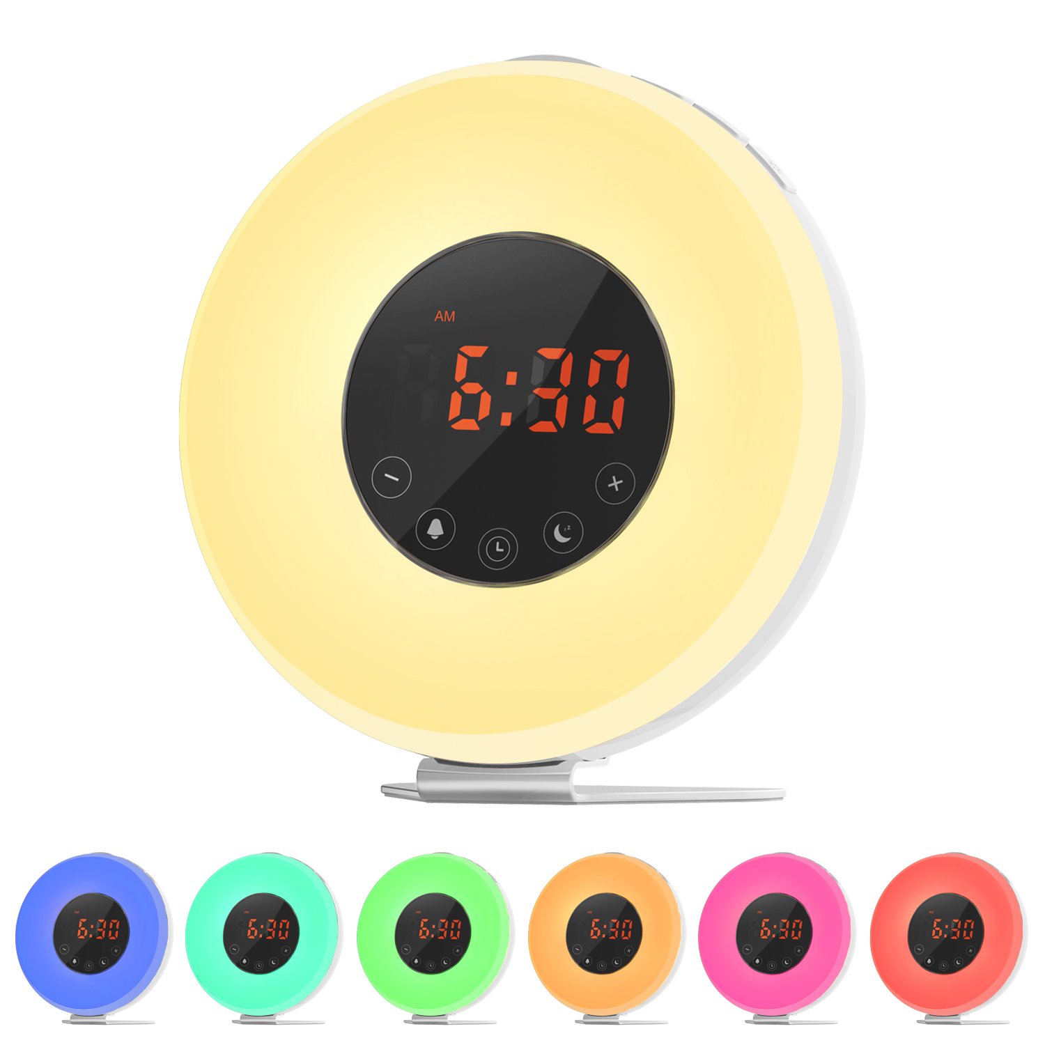 Ifecco Despertador despertador con luz del sol y simulación, noche de la luna del LED más 7 color que cambia la alarma de radio de la ayuda FM, control del tacto