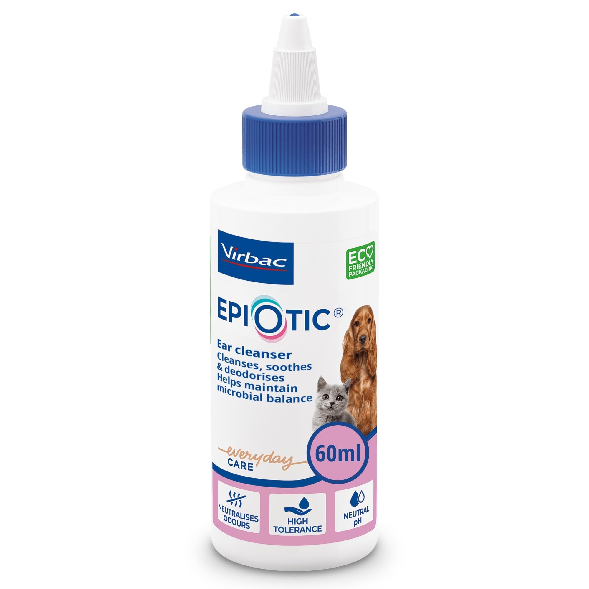 Virbac EpiOtic Cat and Dog Ear Cleaner Solution - Antibacterial and Anti-fungal Dog and Cat Ear Cleaner - 60ml