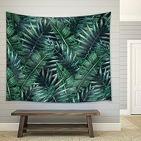 Watercolor Tropical Palm Leaves Seamless Pattern. Vector Illustration. - Fabric Wall Tapestry Home Decor - 51x60 inches