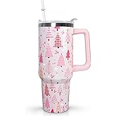 Ceovfoi 40 Oz Pink Christmas Tree Tumbler With Handle,Christmas Tree Coffee Travel Mug Cup,Christmas Decor,Christmas Gifts for Women