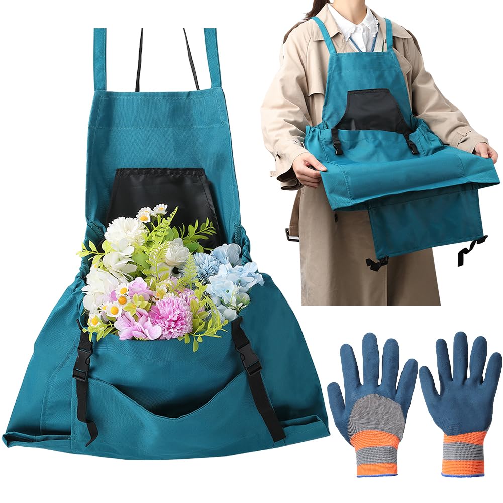 GORGECRAFT Garden Apron Set Green Cloth Water Washable Vegetable Harvesting Pouch Fruit Picking Bag with Quick Release Pocket Nylon Work Gloves for Gardening Harvest Men Women