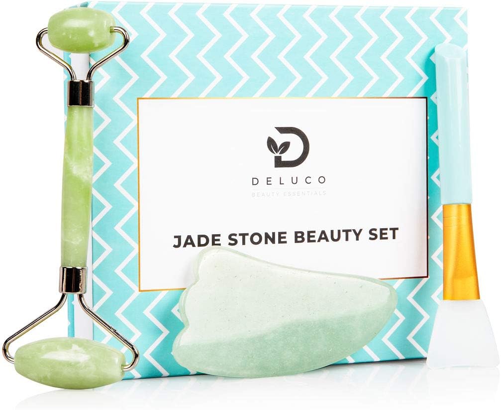 Jade Facial Roller & Gua Sha Scraping Tool Set – Jade Roller for Face – Skin Treatment for Wrinkle Prevention – Soothing Effect on the Skin – Bonus Gift Box, Silicone Brush & Cotton Bag