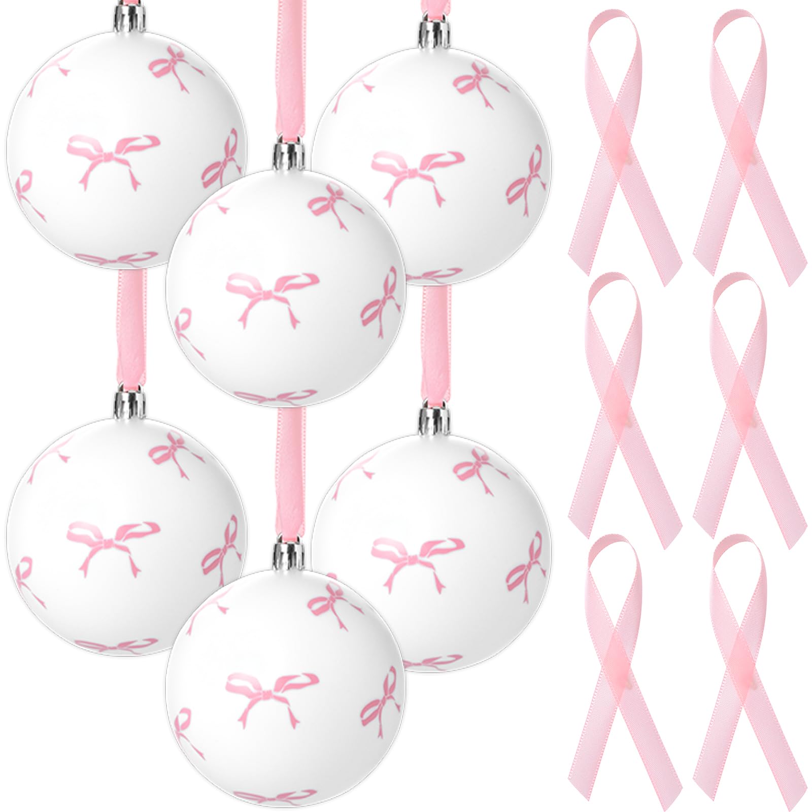 View 1 of 24 Pcs Pink Bow Coquette Christmas Tree Ornaments Balls 2.4 Inch Pink White Christmas Tree Hanging Ornaments Plastic Ball with Ribbon for Xmas Tree Winter Bachelorette Party Holiday Home Decorations