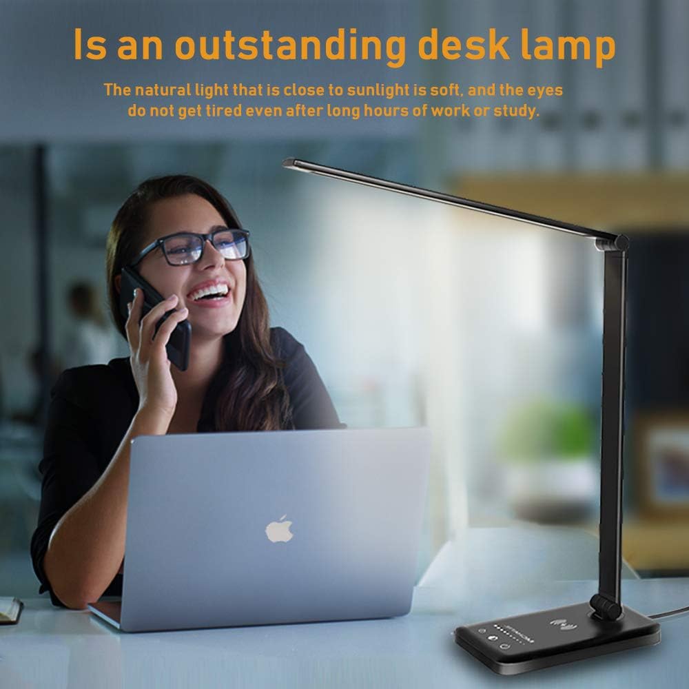MCHATTE LED Desk Lamp with Wireless Charger, USB Charging Port, Dimmable Eye-Caring Desk Light with 5 Brightness Levels & 5 Lighting Modes, Touch Control, Auto Timer (Black): Home & Kitchen