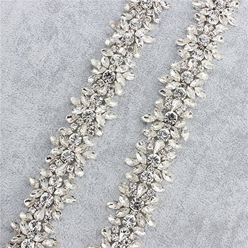XINFANGXIU 1 Yard Bridal Wedding Dress Sash Belt Applique with Crystals Rhinestones for Women Gown Evening Prom Clothes Handcrafted Sparkle Thin Sewn or Hot Fix - Silver