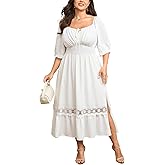 SHESTARR Womens Plus Size Maxi Dress Short Sleeve Square Neck Tie Front Smocked Empire Waist A Line Flowy Lace Trim Side Slit