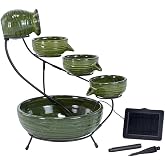 Smart Solar Glossy Ceramic 4-Tiered Cascade Solar-Powered Fountain with 10' Cable, Elegant Cascading Outdoor Solar Garden Fountain, Green