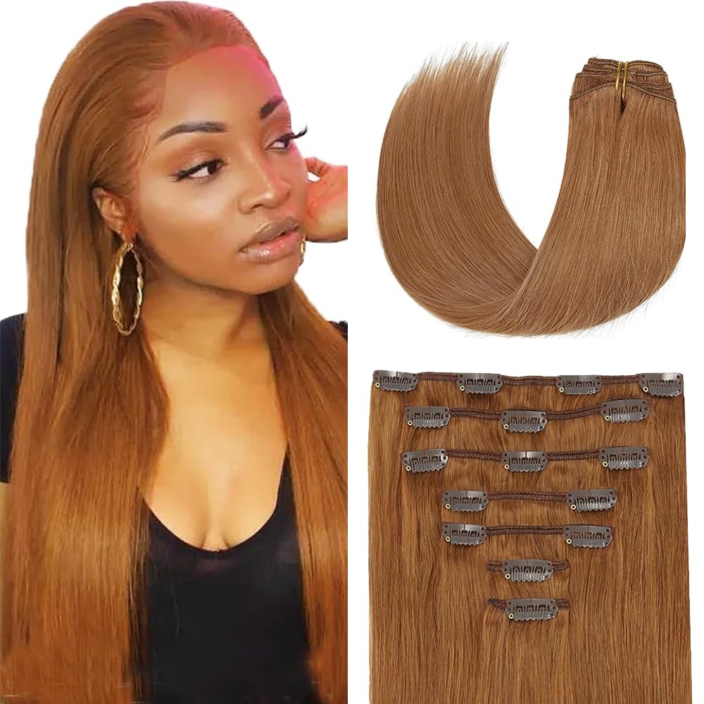 Photo 1 of #30 Brown Clip in Hair Extensions - 26 Inch Real Remy Soft Brown Human Hair, 120g 7pcs,Light Brown Human Hair Extensions Clip ins for Women