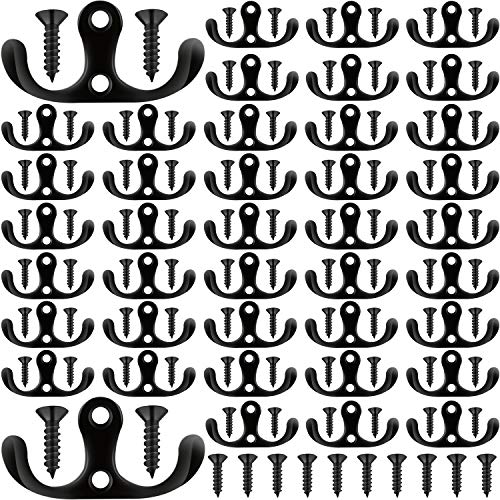 50 Pieces 2.7Inch Wall Mounted Double Prong Hook Robe Hooks Coat Hooks and 110 Pieces Screws for Hanging Key Hooks Jewelry (Black)