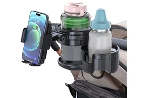 HONETEEK 3-in-1 Stroller Cup Phone Holder Attachment, Universal Cup Holder with Adjustable Phone Mount, Double Cup Holder for Walker, Wheelchair, Fits Most Donna, Uppababy, Bugaboo, Anti-Slip & Easy Install