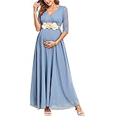 AISWI 3/4 Sleeve Maternity Dress Leaf Lace Contrast Chiffon V Neck Wrap A Line Flowy Pregnancy Dresses for Baby Shower