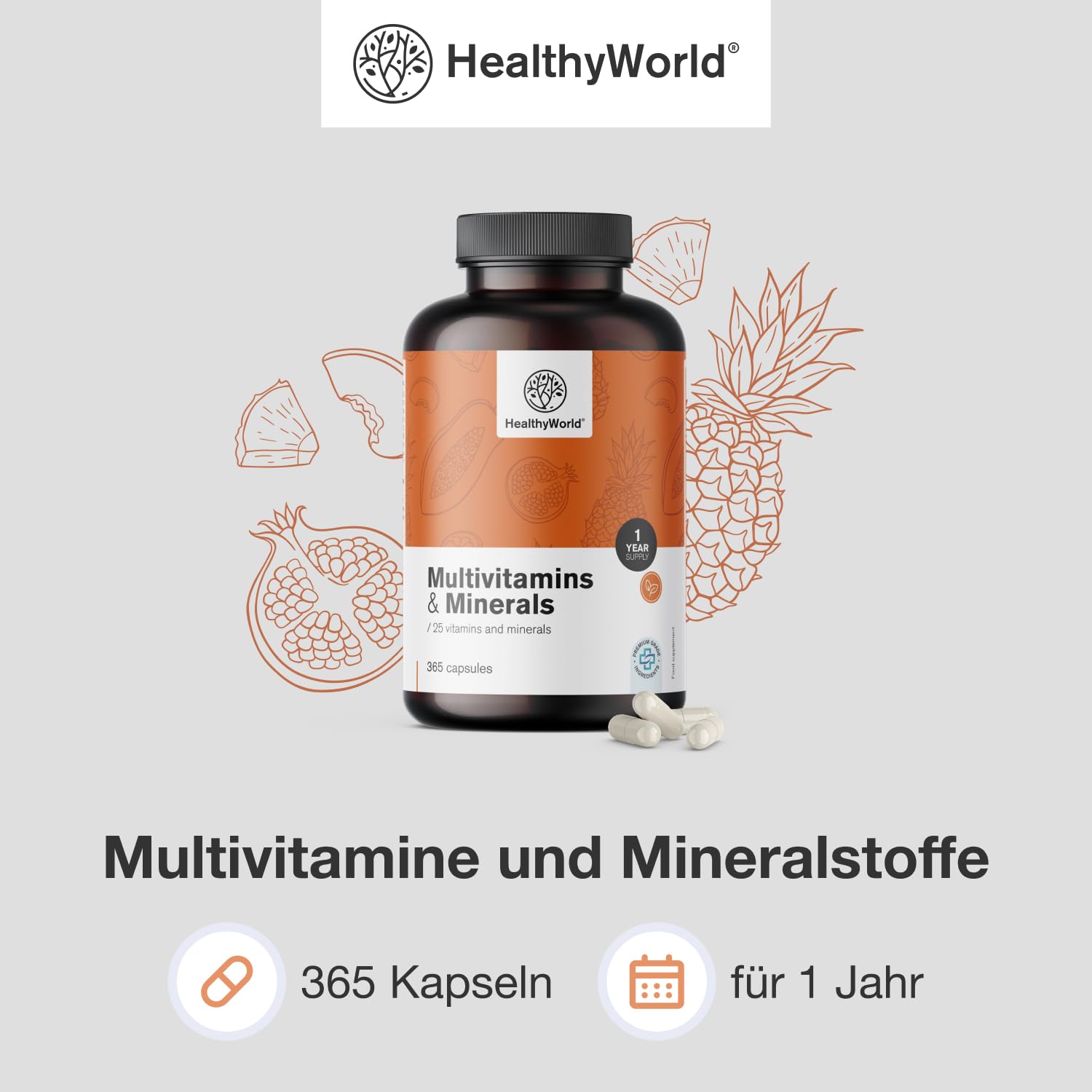 HealthyWorld Multivitamine & Mineralstoffe - 25 Vitamine & Mineralstoffe - 365 Kapseln - Jahresvorrat - Pflanzenkapseln - Immunsystem - mehr Energie- wertvolle Vitamine A-Z - Für Männer & Frauen 4