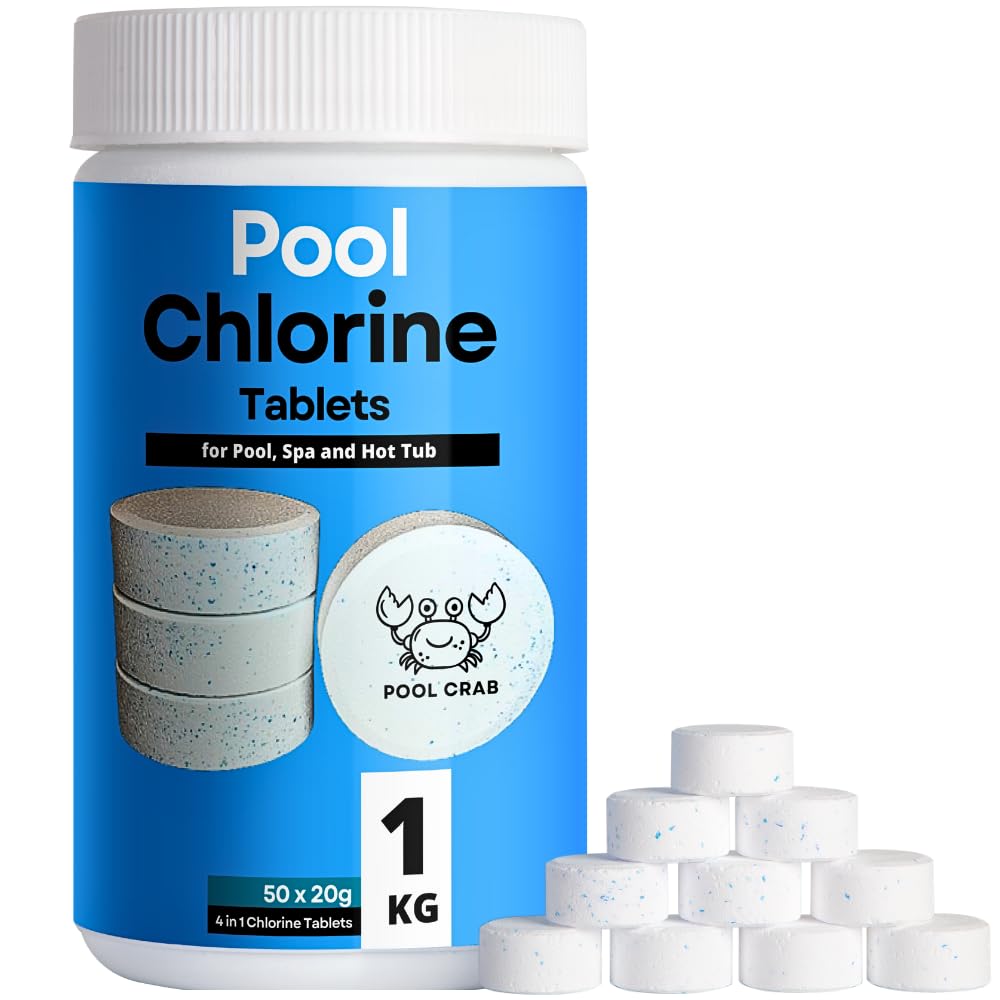 Pool Crab Pool Chlorine Tablets, 1kg Multifunctional 4-in1 Dispenser Tablets for Swimming Pool, Hot Tub, Spa, 50 x 20g Chlorinating Chemical Tabs (Sanitiser, Stabiliser, Algaecide and Clarifier)