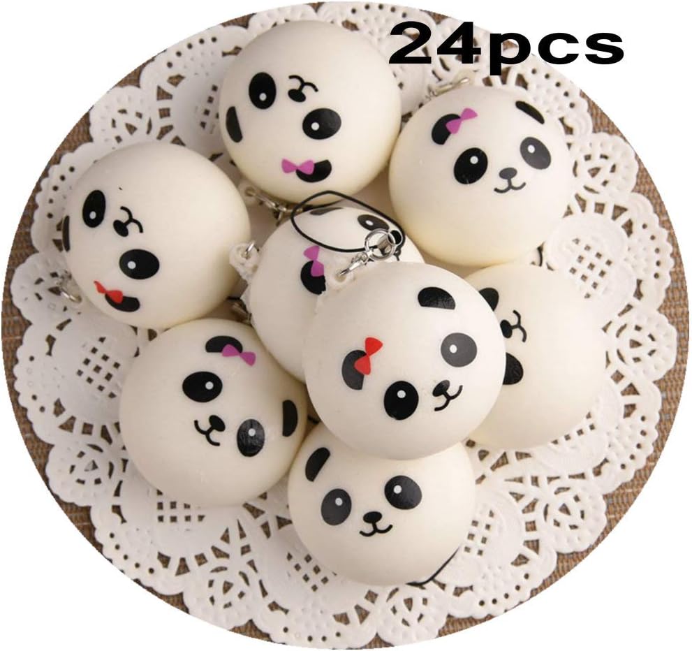 MyMagic 24PCS Mini Slow Rising Kawaii Panda Bread Bun Squishies Squeeze Stress Balls with Key Chains Straps, Phone Straps, Children‘s Gift Party Favors (1.57 inch)