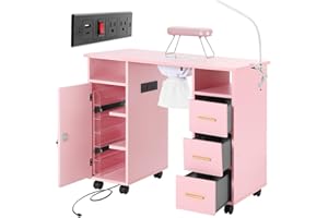AWEPOPI Pink Nail Desk Manicure Table with Dust Collector, LED Lamp, Lockable Wheels, 3 Drawers, Cabinet, Glass Shelves & USB Charging – Nail Tech Desk with Hand Rest & Power Outlets for Salon or Home